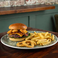 Beef Burger with Cheese, Chicken Strips, Bacon