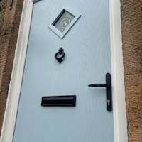 Duck egg blue composite door from Hurst, the black ironmongery finishes it off beautifully!